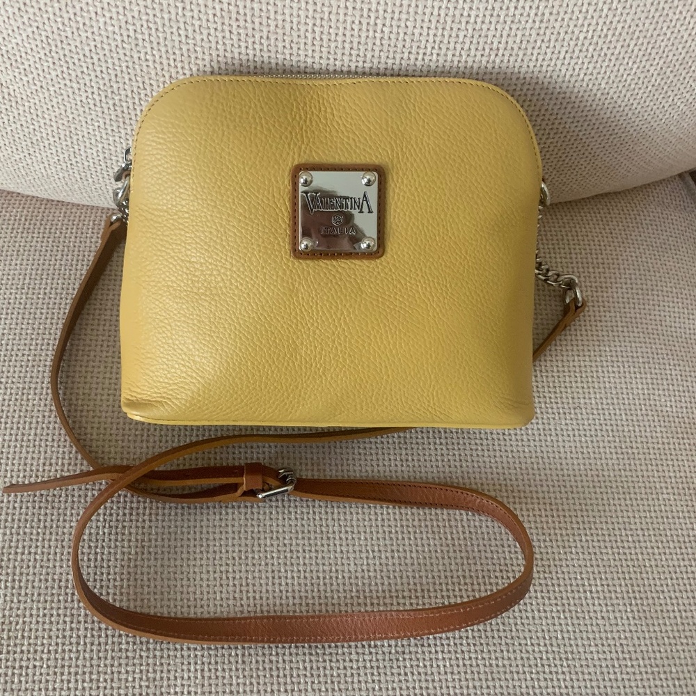 NWOT Valentina Mustard Colored Pebbled Leather Dome Crossbody Handbag